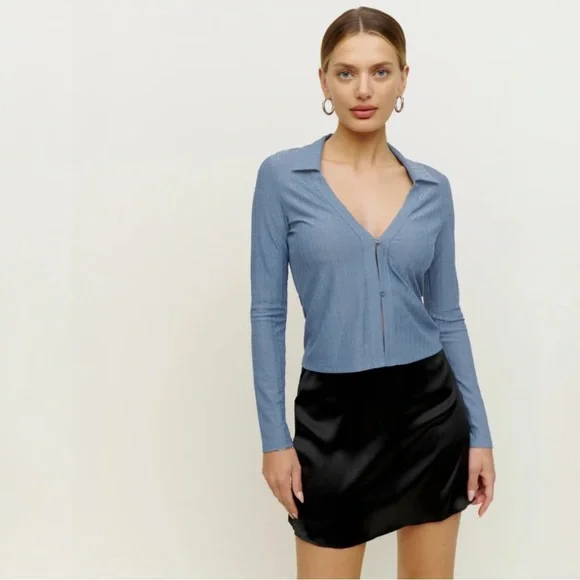 Reformation Shannah Top Size XS Blue Collared Long Sleeve V-Neck - Picture 8 of 8